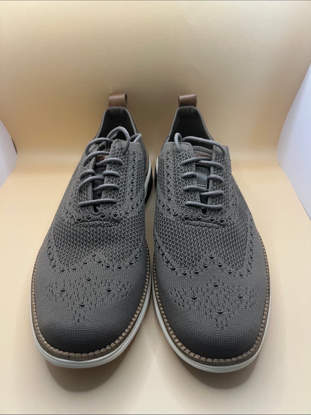 Cole Haan Gray Knit Wingtip Derby with Brown Heel Tabs